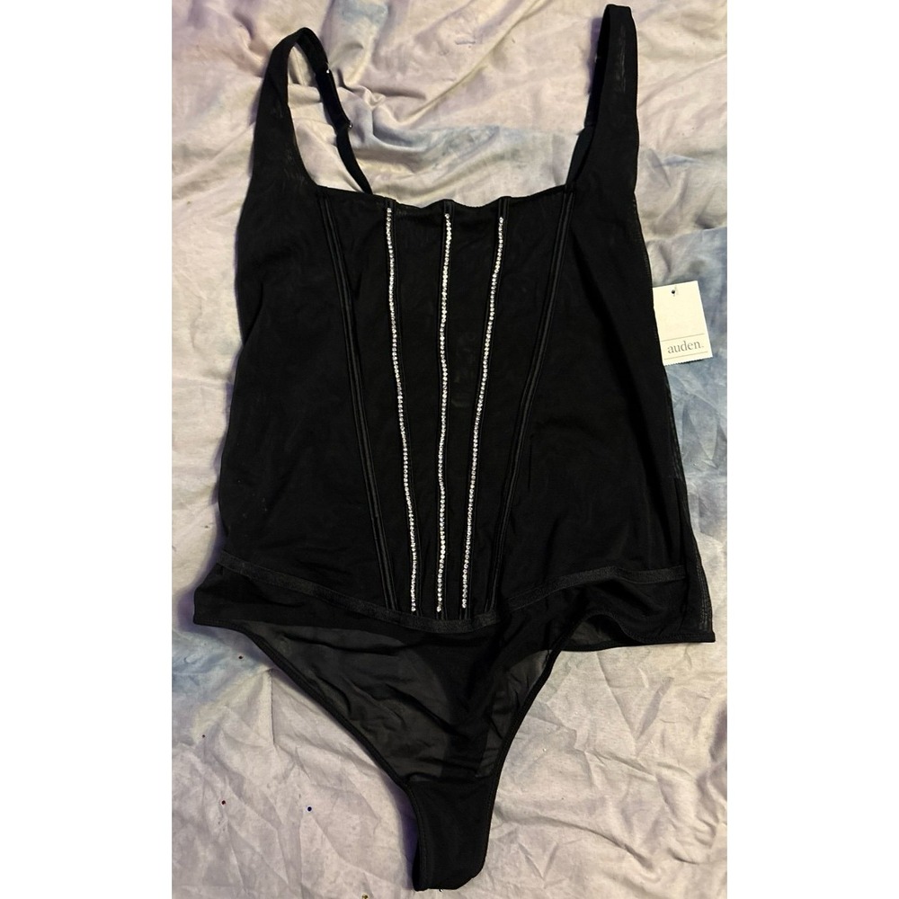 NEW‎ Auden Black Lace Unlined Rhinestone Studded Lingerie Bodysuit, Large - Picture 2 of 6